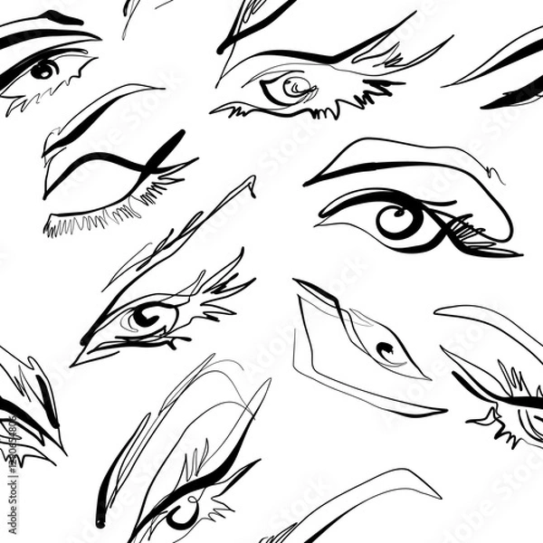 Fototapeta Black and white abstract female eye drawing line art seamless pattern 