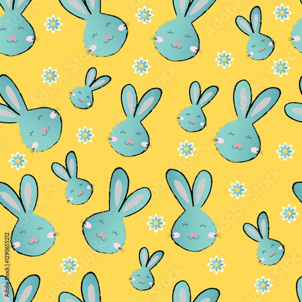 Fototapeta Seamless cute bunny pattern with pastel colors on a yellow background. A playful and trendy Easter design perfect for textiles, gift wrapping, children's decor, and spring-themed creative projects