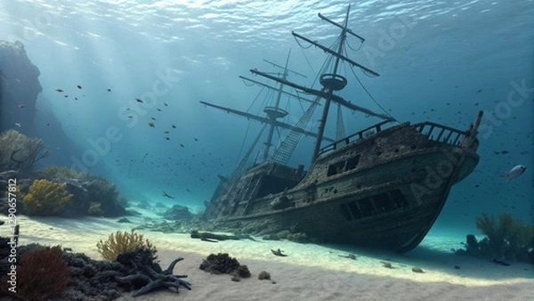 Fototapeta Sunken Shipwreck Resting on the Ocean Floor with Marine Life, Generative AI
