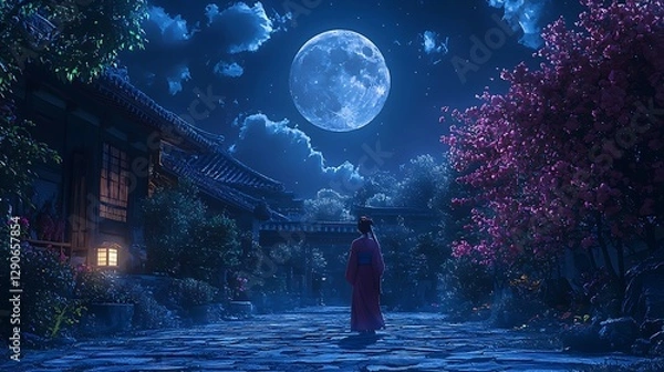 Fototapeta Serene Night in Asian Village.