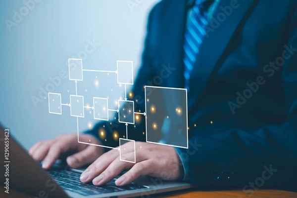 Fototapeta Business process management design organigram. Management System concept, Data management workflows organigram. Work structure digital, positional order in the work of team members, hierarchy scheme