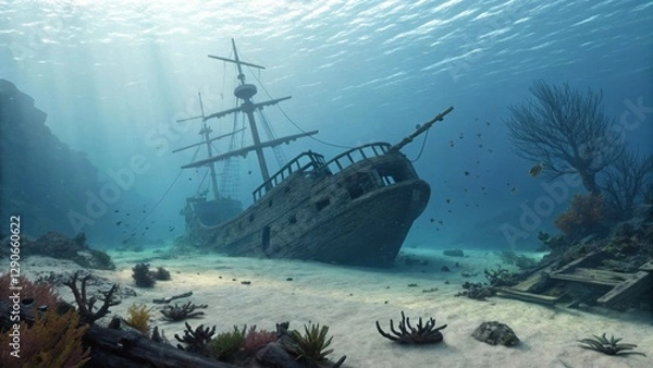 Fototapeta Sunken Shipwreck Resting on the Ocean Floor with Marine Life, Generative AI