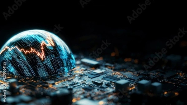 Fototapeta Global Network Data  Futuristic Tech  Digital Globe  Circuit Board  Stock Market Graph  Or