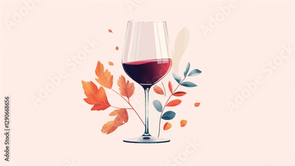 Fototapeta A digital illustration depicting a stemmed wine glass filled with red wine.  The glass is centrally positioned against a light beige background.  Surrounding the glass are stylized