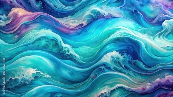 Fototapeta Vibrant turquoise waves on a colorful abstract background with swirling patterns and shades of blue and purple hues, marbled, oceanic