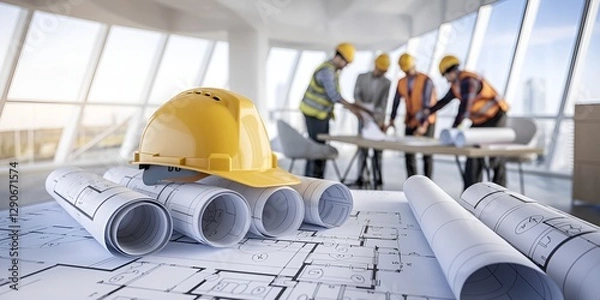 Fototapeta Construction blueprints and hardhats on a desk in modern office