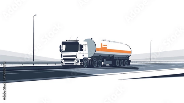 Obraz The image shows a white and orange tanker truck traveling on a multi-lane highway. The truck is in sharp focus, while the background is slightly blurred, suggesting motion. The highway is