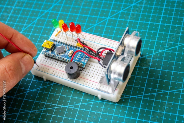 Obraz Glowing light emitting diode in short LED which is an Electronic component connected to breadboard with some micro controller on background. Robotic coding