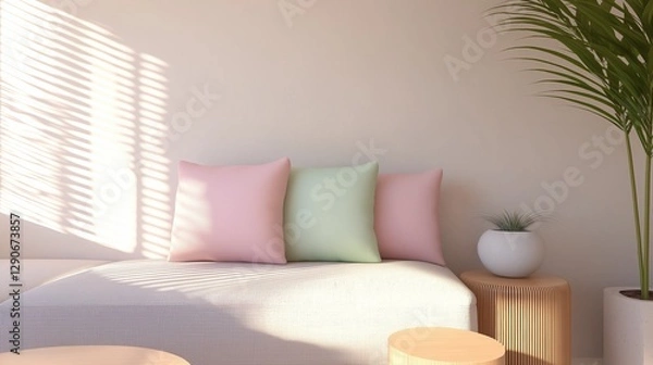 Fototapeta Modern living room with a white sofa in the center. the sofa has three throw pillows in different colors - pink, green, and light pink.
