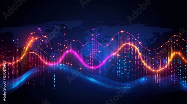 Fototapeta Global Data Visualization, Abstract Line Graphs and Data Nodes, Neon Colors on Dark Blue
