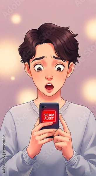 Fototapeta person with smartphone receiving alert, illustration with clean background, negative space for text, copy space
