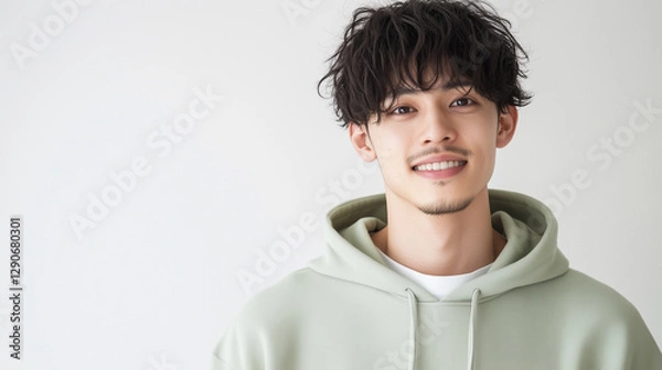 Obraz 明るい笑顔と質感のあるパーマヘアが特徴的な日本人男性 | 普段着スタイル