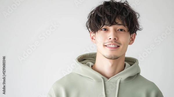 Obraz 明るい笑顔と質感のあるパーマヘアが特徴的な日本人男性 | 普段着スタイル