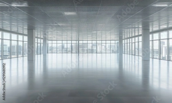 Fototapeta Beautiful blurred background of an empty modern office interior with panoramic windows and glass walls, a large open space for equipment on the floor.