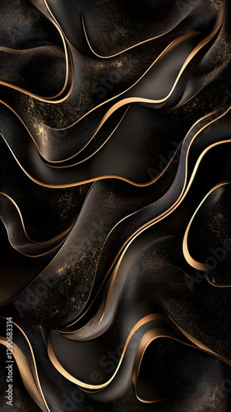 Fototapeta Dark background, golden lines in the shape of waves, high contrast

