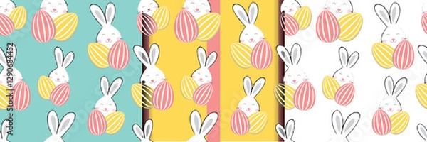 Fototapeta Seamless Easter bunny pattern with pastel-colored eggs on multiple background variations. A trendy and festive design, perfect for textiles, gift wraps, digital art, and spring-themed decor..eps