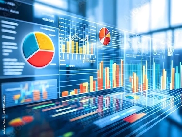 Fototapeta Futuristic data visualization dashboard displaying colorful graphs and charts in a modern office