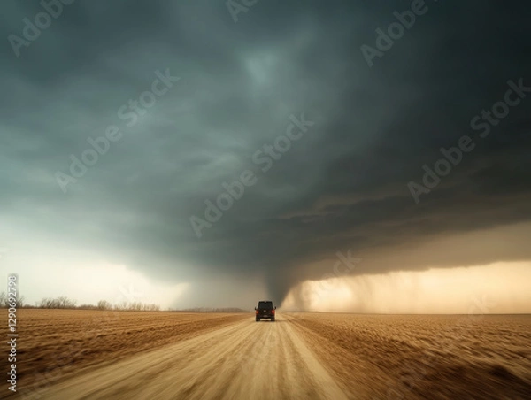 Fototapeta A lone vehicle driving towards a massive tornado forming under dark storm clouds.