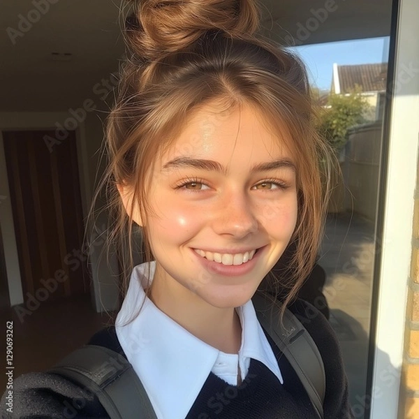 Fototapeta Happy 18-Year-Old European Girl Taking a Selfie in Natural Light