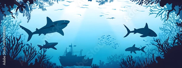 Fototapeta A vector illustration of silhouettes of sea creatures swimming in the ocean, including sharks and turtles
