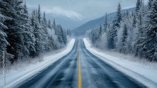 Fototapeta A snowy road in the Canadian wilderness, lined with tall pine trees covered in snow and ice, leading to distant mountains under an overcast sky