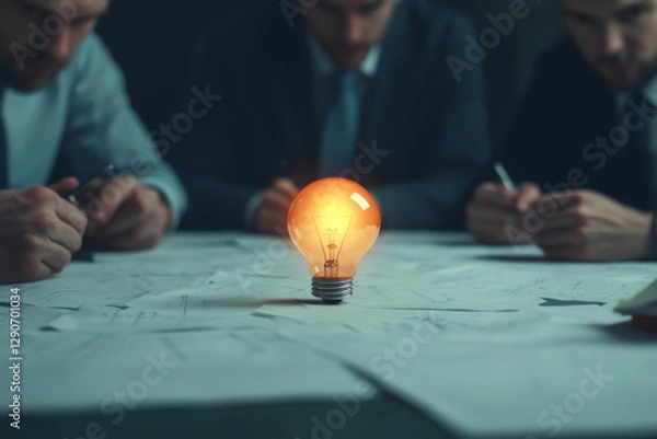 Obraz A glowing light bulb symbolizes creative brainstorming among professionals in suits.