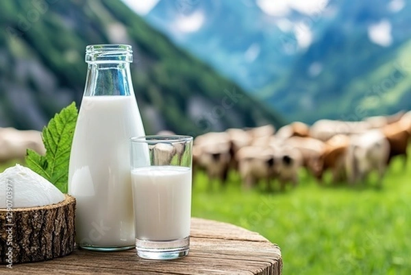 Fototapeta Organic milk from local farms ,support for local agriculture. Fresh milk in bottles with a scenic countryside backdrop of cows grazing.