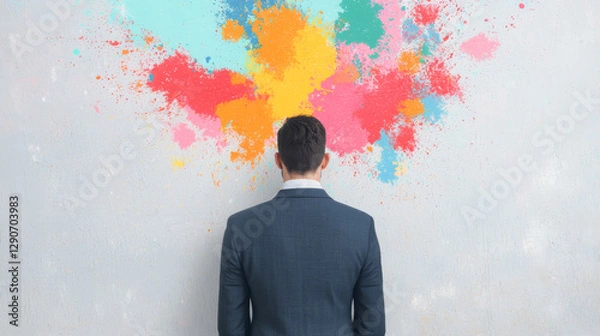 Fototapeta A man in a suit standing before a wall of colorful paint splashes reflecting creativity.