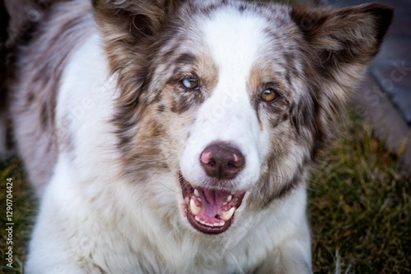 Fototapeta portrait of a white  border collie dog. Close up portrait of red merle Border collie wit one brown eye and second half brown, half blue