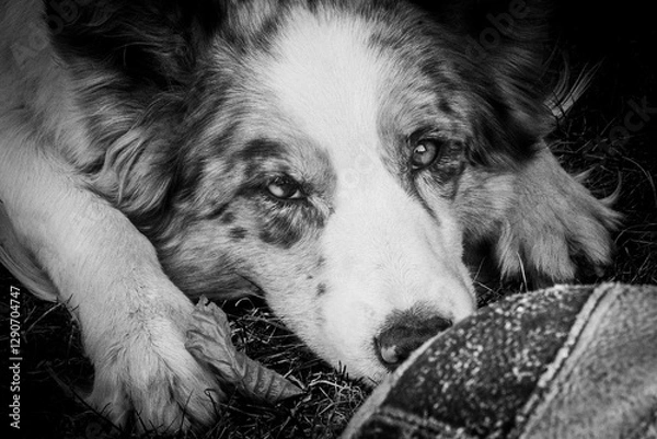 Fototapeta Red merle border collie with a ball lying on the floor and want to play, monochrome, black and white photo
