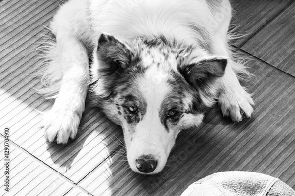 Fototapeta Red merle border collie with a ball lying on the floor and want to play, monochrome, black and white photo