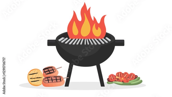 Obraz A digital illustration depicting a black round barbecue grill with flames rising from it.  To the left are illustrated grilled burger patties and buns, and to the right are illustrated