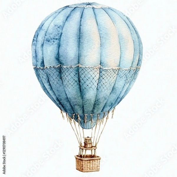 Fototapeta Whimsical blue hot air balloon with floral designs floating in a clear sky