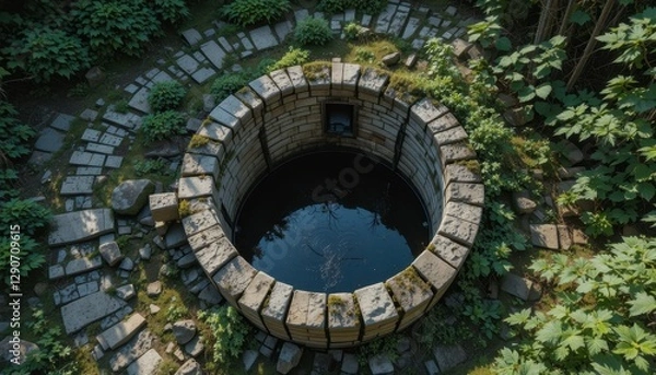 Fototapeta Stone Well in Lush Garden Aerial View Ancient Well Architecture Summer Scenery