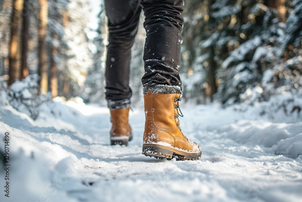 Obraz Man in boots walking along snowy path in winter forest