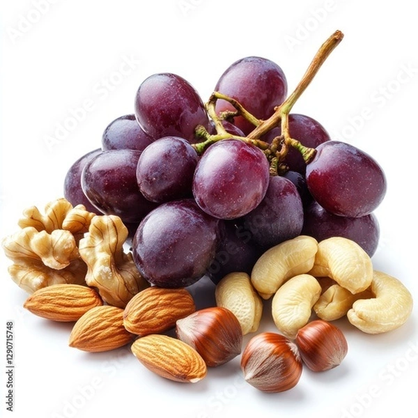 Fototapeta Red Grapes and Nuts on White Background