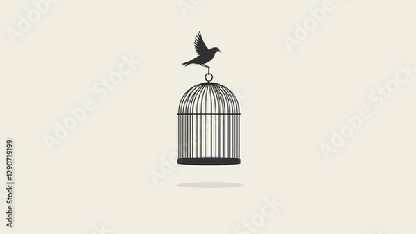 Obraz The image is a minimalist vector illustration featuring a black silhouette of a bird perched on the top of a birdcage. The bird appears to be in the act of taking flight. The cage is