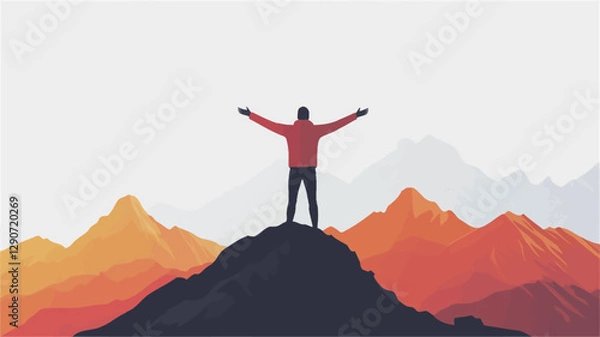 Obraz A stylized vector illustration depicts a male figure standing with arms outstretched atop a dark mountain peak. The background showcases a range of stylized mountains rendered in shades of