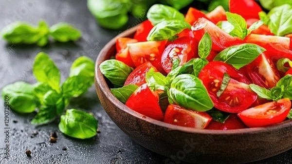 Fototapeta Fresh tomato basil salad in bowl, dark background. Food photography for recipe websites