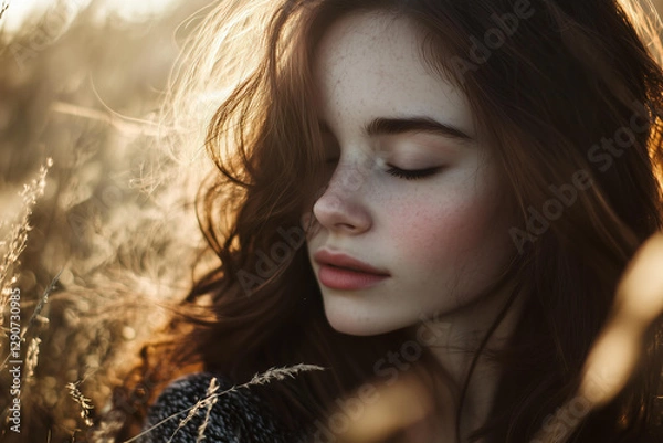 Obraz Close-up portrait of a young woman with delicate freckles, long wavy chestnut hair, and fair skin, standing in a golden wheat field during late afternoon. Her eyes are gently closed 
