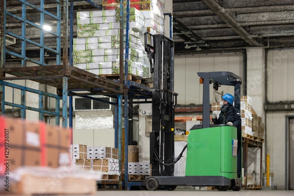 Fototapeta 冷蔵倉庫でフォークリフトに乗る男性