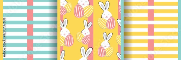 Fototapeta Playful seamless Easter bunny pattern with striped backgrounds and pastel-colored eggs. A festive and charming design for holiday decor, textiles, gift wrap, and spring-themed projects.