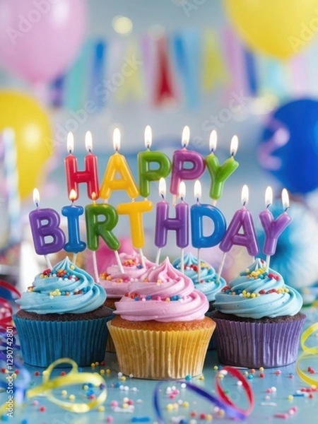 Fototapeta Joyful Birthday Scene with Colorful Cupcakes and Festive Decor