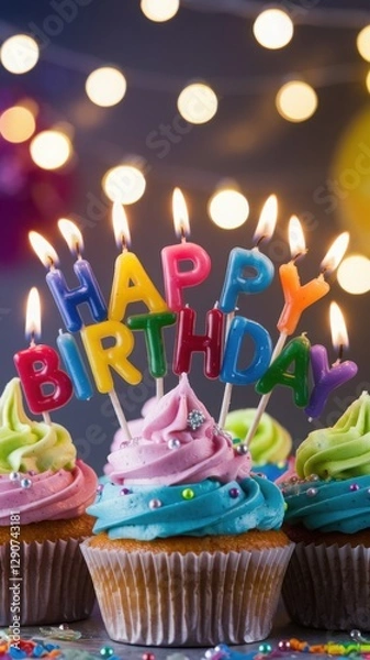 Fototapeta Colorful Cupcakes with Happy Birthday Candles and Bokeh Background