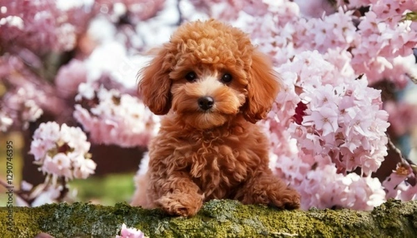 Fototapeta 桜の花とトイプードル