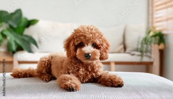 Obraz リビングで伏せの練習をするトイプードル