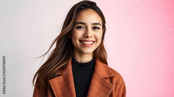 Obraz Contemporary studio portrait featuring a stylish woman in a warm jacket with a radiant smile