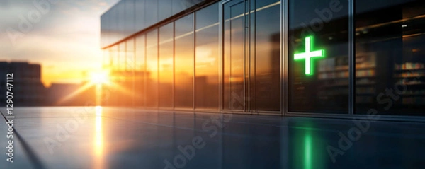 Obraz Modern pharmacy building with a glowing green sign illuminated by sunset.