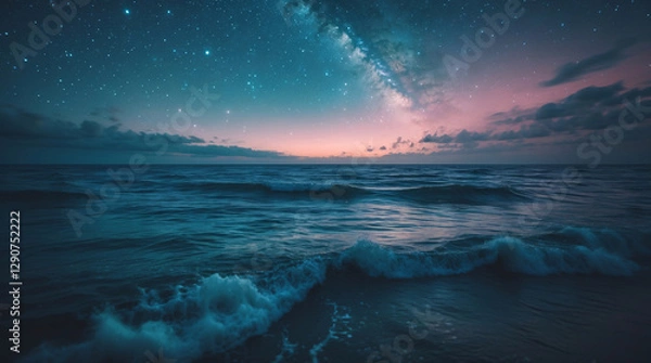Obraz Peaceful nighttime photo of the beach with waves on the shore stars and a glowing nebula in the sky ocean wallpaper inspiration