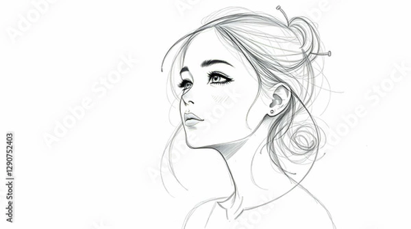 Fototapeta Minimalist Digital Sketch of a Serene Woman in Side Profile with Loose Bun, Hairpins, and Delicate Features in Black and White.